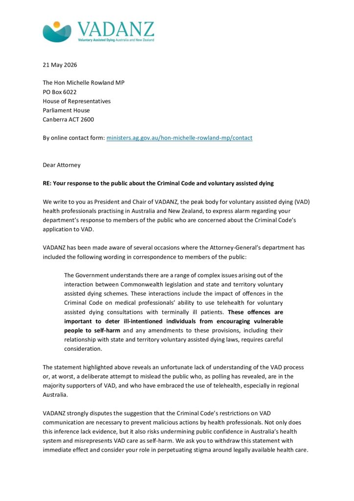 thumbnail of Correspondence – VADANZ to Attorney General, 21 May
